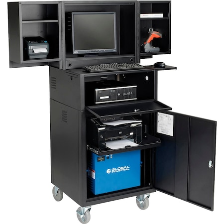 Global Industrial Mobile Powered Fold-Out Computer Cabinet, 100AH Battery, Black, Unassembled 695429PBK